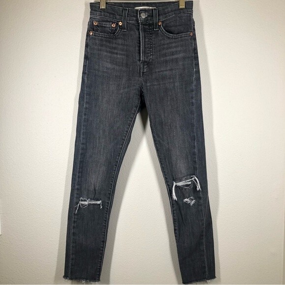 Levi's Wedgie Fit High Rise Skinny Jeans Stretch Gray Ripped Knee Raw Hem 24 - Picture 1 of 9